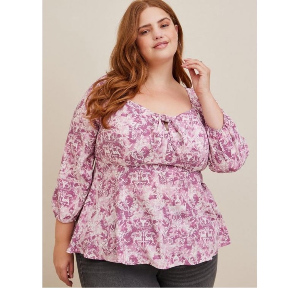 TORRID NWT HARRY POTTER DAMASK PEPLUM CHALLIS TIE FRONT BLOUSE